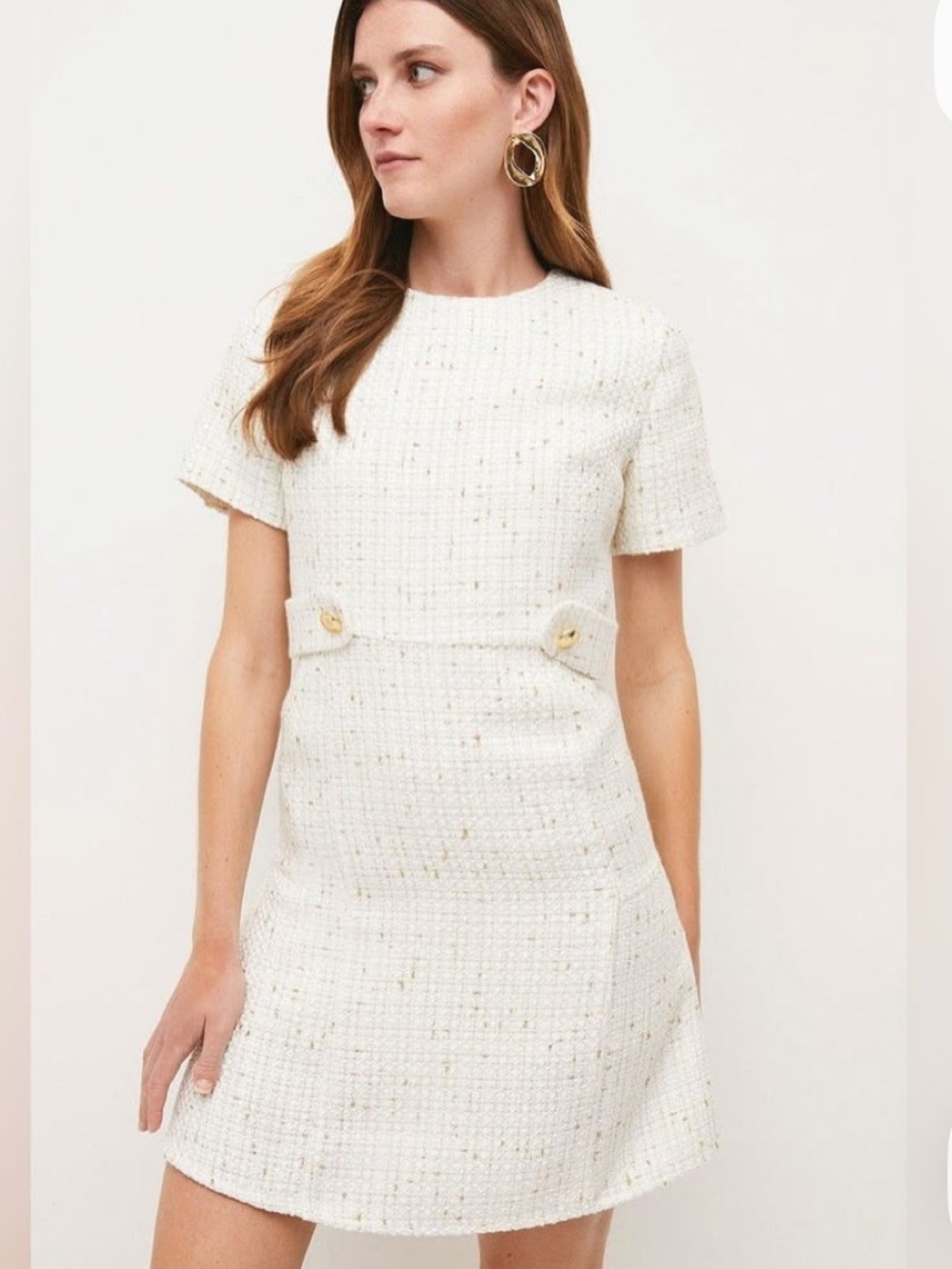 Tahari white textured Sleeveless Sheath Dress with Gold Buttons/Zipper
